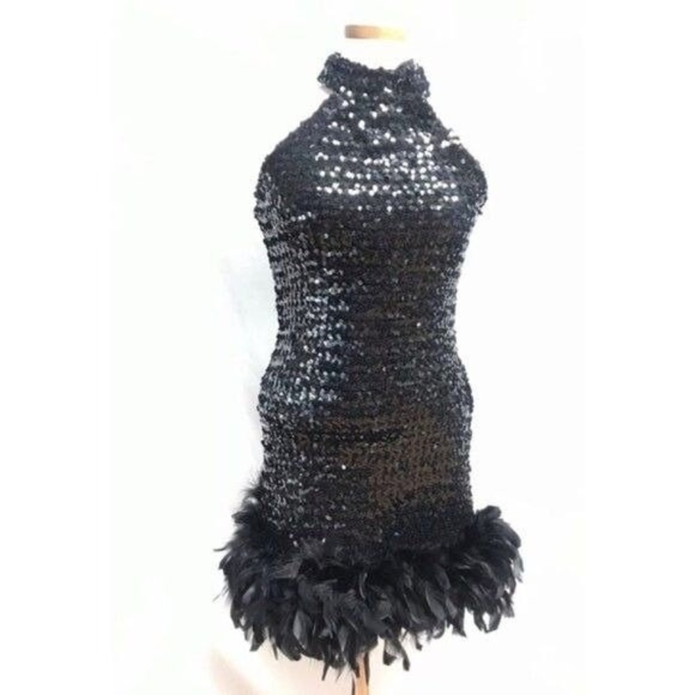 80's Black halter feather vintage dress shiney Large